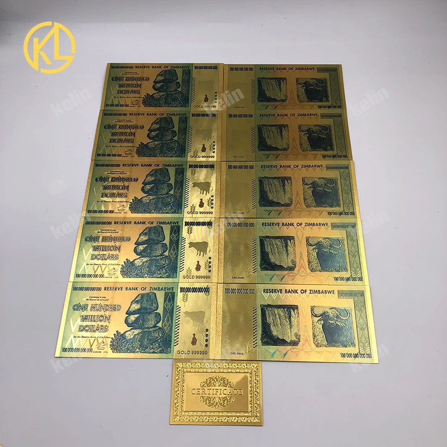 100-1000 pcs 100 Trillion/Quintillion Dollar Zimbabwe gold Banknote with gold plated color for value currency collection