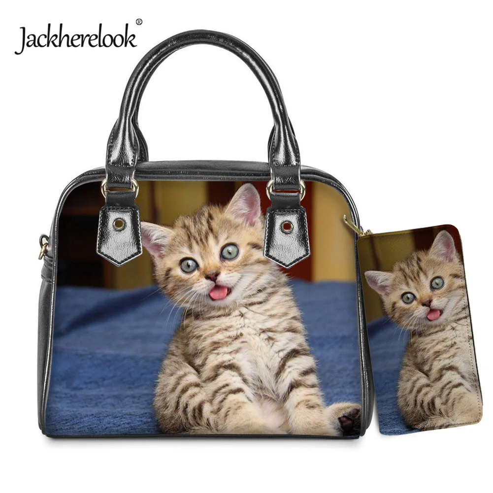 Jackherelook Cute Cat Print Female Casual Tote Bag Luxury PU Handbag Clutch Wallet 2pcs/Set fpr Women Ladies Crossbody Bag bolso