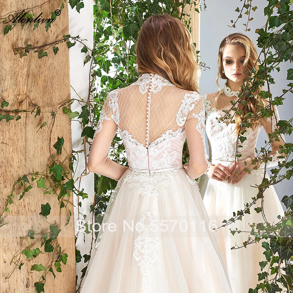 Alonlivn Elegante Seidige Organza Grid Garn Appliques Volle Hülsen A-linie Brautkleider Braut Kleider