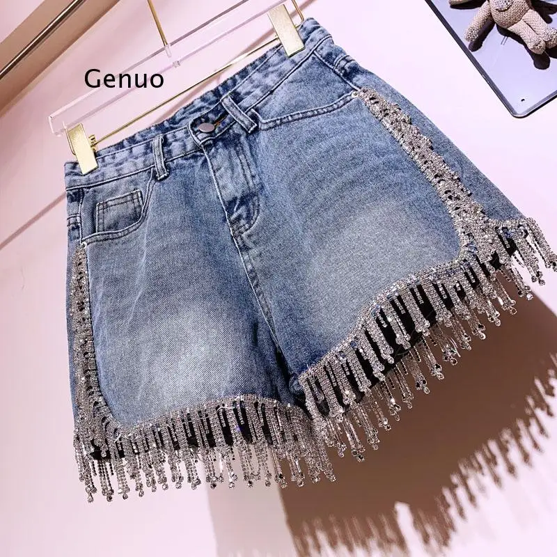 

Rhinestone Tassel High Waist Denim Shorts Women Summer Fashion Diamonds Heavy Work Wide Leg Jeans Shorts