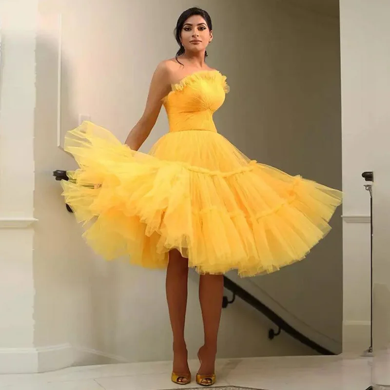 

Funyue Fashion Yellow Strapless Prom Dresses 2022 Sexy Backless A-Line Tulle Formal Party Gowns Knee Length Vestidos De Fiesta