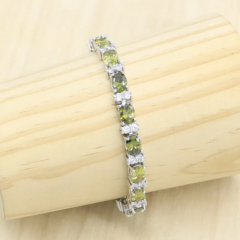 Olive Peridot Zircon Silver 925 Jewelry Set for Women Bridal Bracelet Long Earring Necklace Pendant Ring Birthday Gift