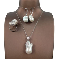 baroque pearl set,925 SILVER jewelry set with necklace,ring,earring,100% NATURE FRESHWATER PEARL -20-32 mm big baroque pearl,