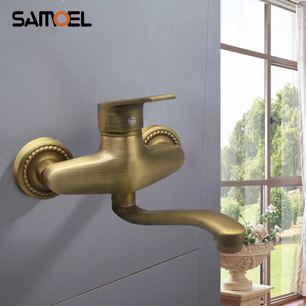 

Classic Antique Brass Bathroom Sink Faucet Mixers Wall Mounted Dual Hole Single Handle Retro Copper Basin Water Tap AF1111