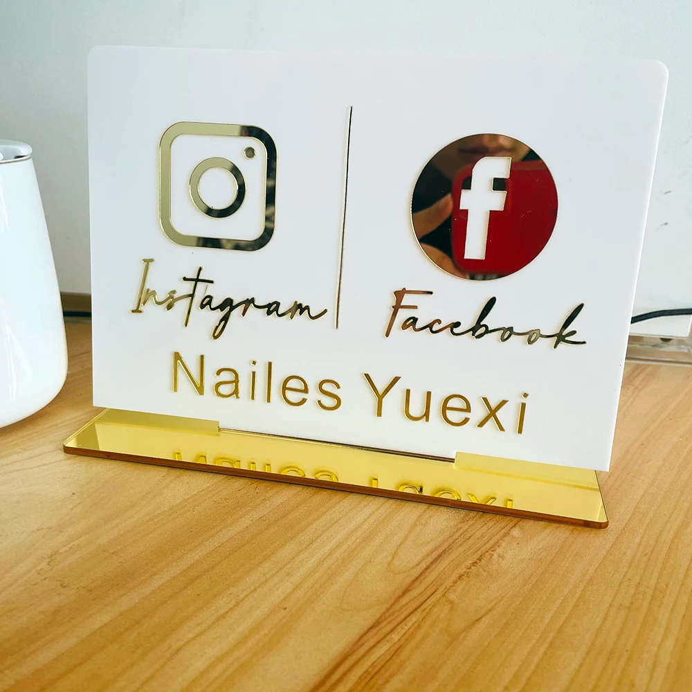 Custom Instagram Facebook White Table Sign Personalized Mirror Gold Acrylic Laser Cut Twitter YouTube Shop Store Sign with Base