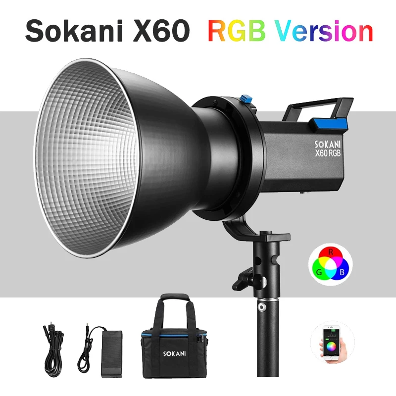 Sokani X60 RGB 버전 야외 사진 조명 최대 80W LED 비디오 라이트 APP 가방 Bowens 마운트와 밝기 조정