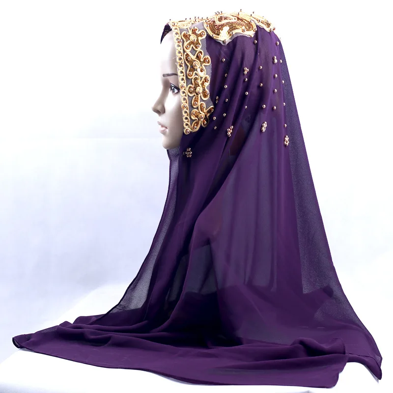 Muslim Chiffon Hijab Beaded Femme Musulman Gold Diamonds Sequins Long Scarf Hijabs Hoofddoek Fashion Plain Turbante Shawls