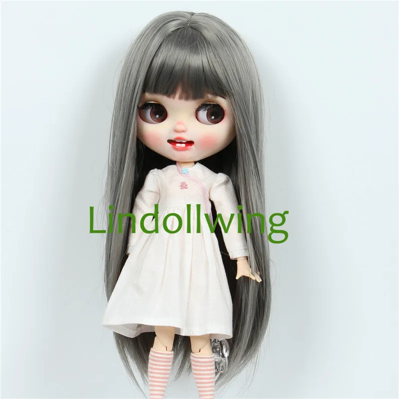 9-10 inch Blyth Wig Long Dark Silver Straight Hair