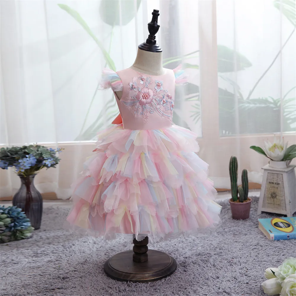 Robes de princesse d'anniversaire pour filles, en Tulle, à fleurs, arc-en-ciel, en dentelle, avec nœud papillon, robe de bal pour filles de 0 à 4 ans, bleu