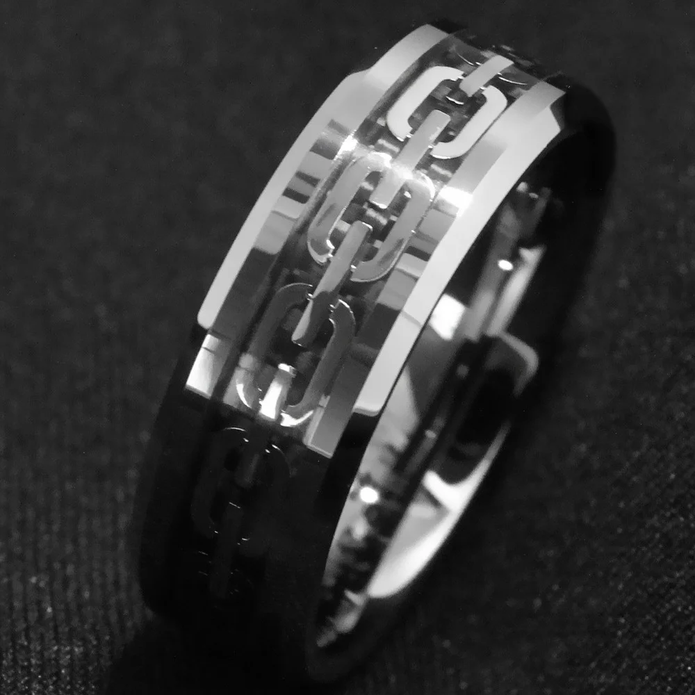 8mm Men Rings Tungsten Carbide Ring Silver Color Chain Center Anniversary Wedding Band Men Fashion Jewelry