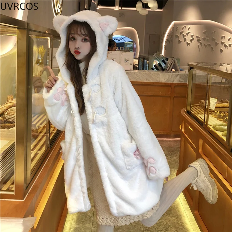 Lolita-chaqueta cálida de felpa suave para mujer, abrigos blancos gruesos, lindas orejas de gato, Parkas con capucha de Anime, prendas de vestir