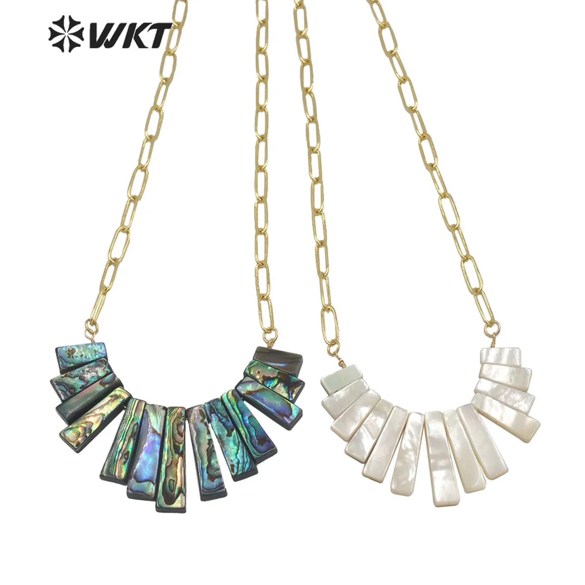 

WT-JN148 Fashion Vintage Gold Electroplated Link Chain Bohemian Natural Shell Statement Necklace Paua Shell Fashion