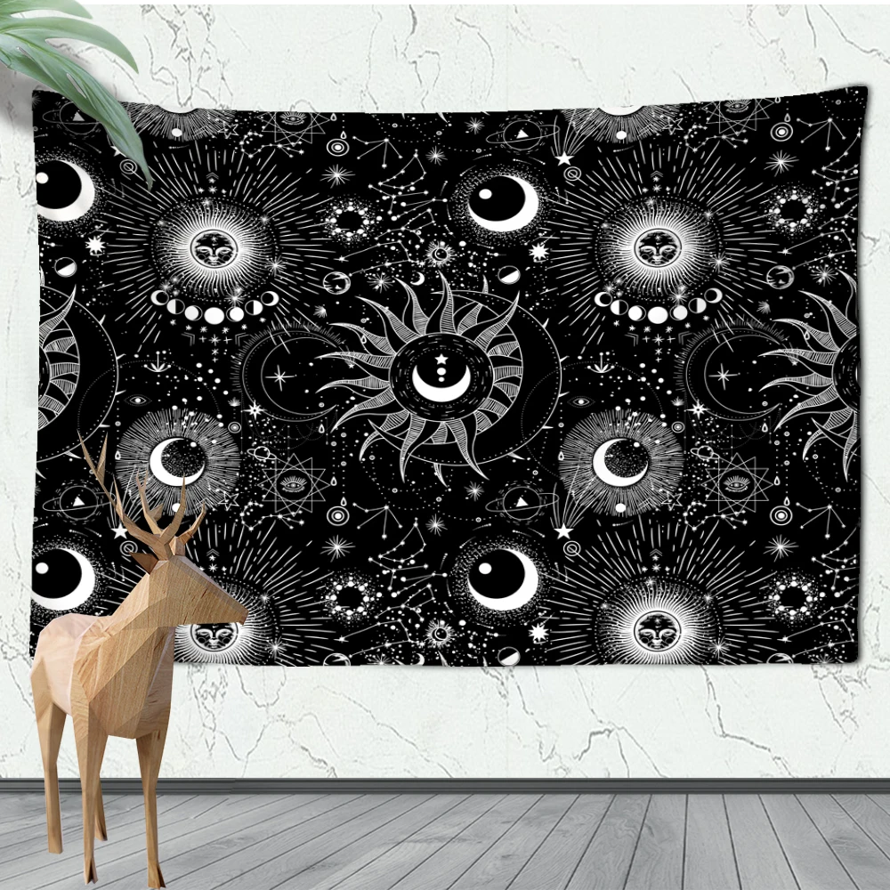 Black And White Sun Face Tarot Tapestry Wall Hanging Psychedelic Magic Bohemian Hippie Science Fiction Home Room Decor