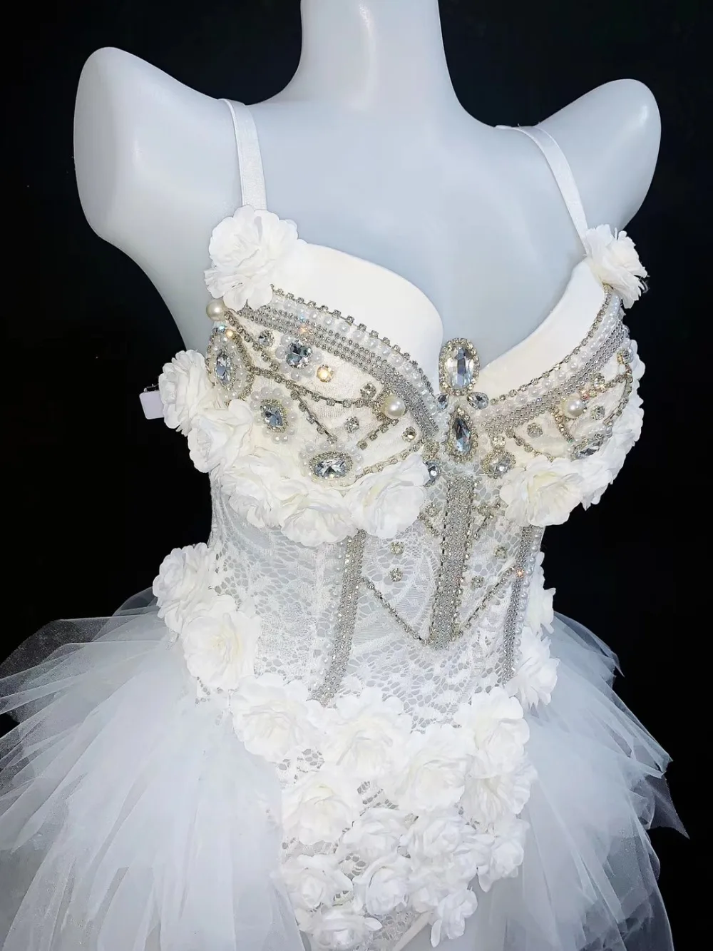 Body en dentelle blanche avec cristaux, robe de danse, accessoires de fête d'anniversaire, tenue de scène, chanteur de Bar