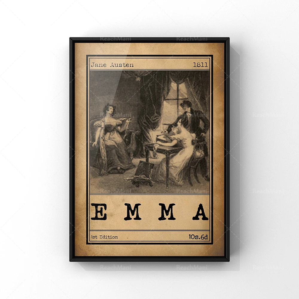إيما غلاف الكتاب الفن التوضيح ملصق |   طباعة إعلانية لكتاب الرواية الرومانسية الكلاسيكية من جين أوستن |   الأدبية الرومانسية غير المؤطرة