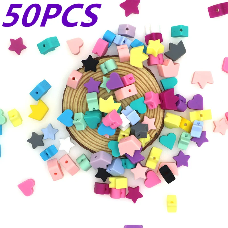 50Pcs Mini Star/Heart/Crown Silicone Beads DIY Baby Silicone Teething Pacifier Chain Necklace Jewelry Handmade Accessories