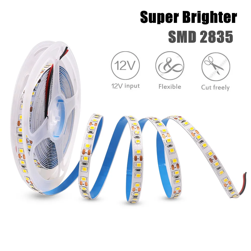 DC12V LED Strip Super Brighter 8mm Width 2835 120led/m Flexible Strip Light White/Warm white/Blue/Green/Red/Pink/Yellow 5meter