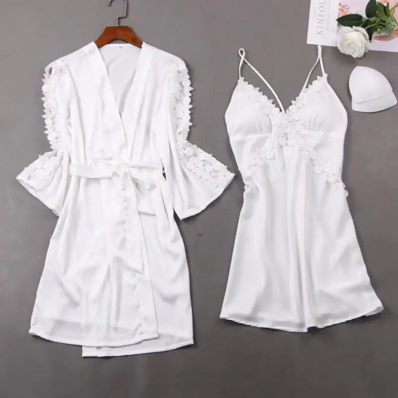 White Lace Bride Bridesmaid Wedding Robe Women Hollow Sexy Nightgown 2pcs Sleepwear Spring Summer Silky Satin Home Dressing Gown