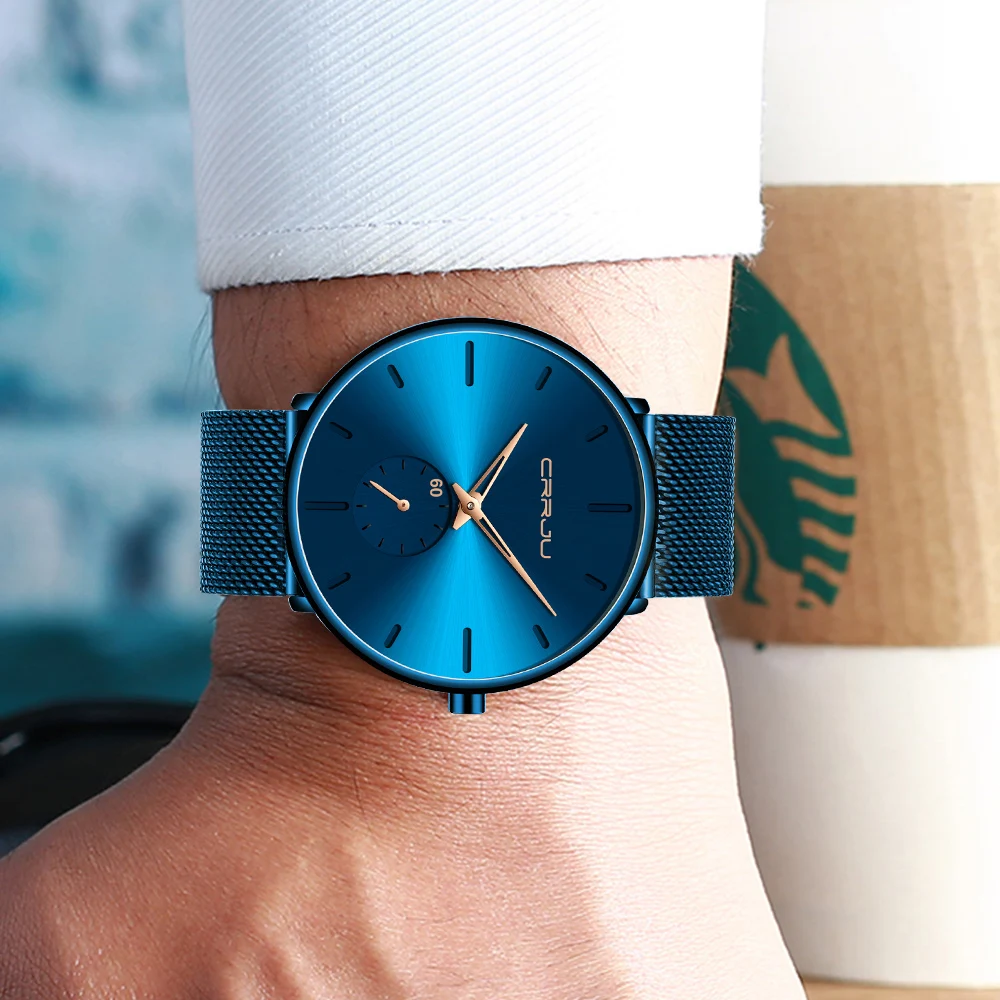 CRRJU moda mavi erkekler İzle en lüks marka Minimalist Ultra ince Quartz saat rahat su geçirmez saat Relogio Masculino