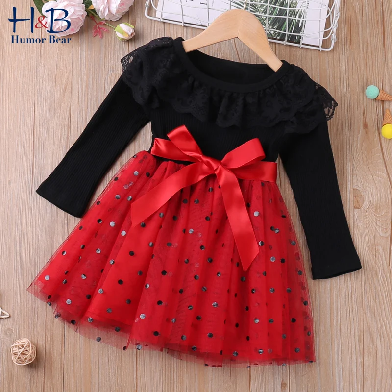 Humor Bear Girls Long Sleeve Dress Autumn New Lace Collar Mesh Yarn Patchwork Princess Dress Toddler Kids Clothes