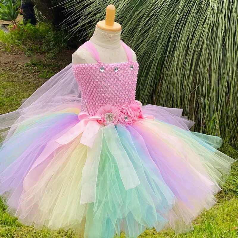 Girls Pastel Flower Fairy Tutu Dress Kids Crochet Tulle Strap Dress Ball Gown Children Birthday Wedding Party Costume Dresses