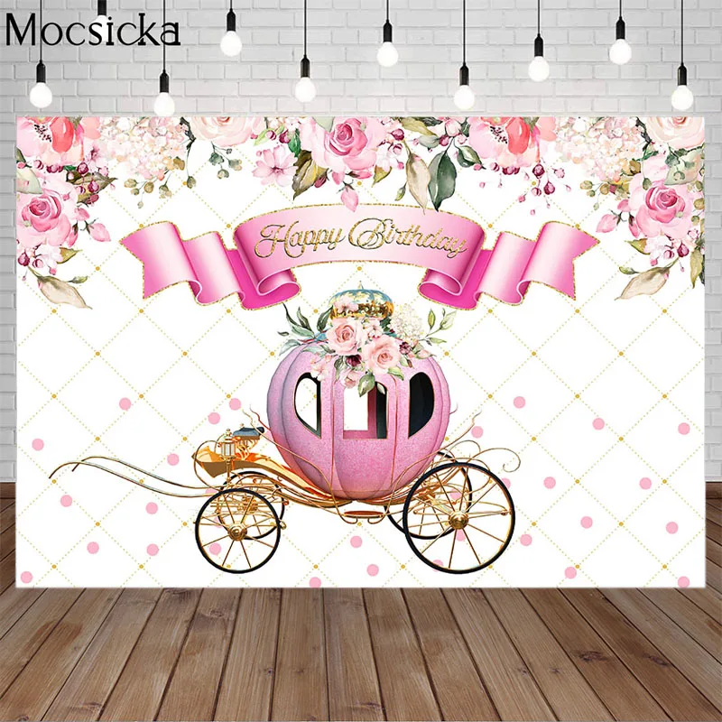 Pink Crown Pumpkin Car Little Princess Background Flower Golden Dots Girl Custom Portrait Photography Backdrop For Photo Studio