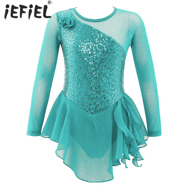 Kids Girl Ballet Leotard Dress Sequins Gymnastics Figure Skating Leotard Flower Front Hollow Back Professional Ballerina Costume