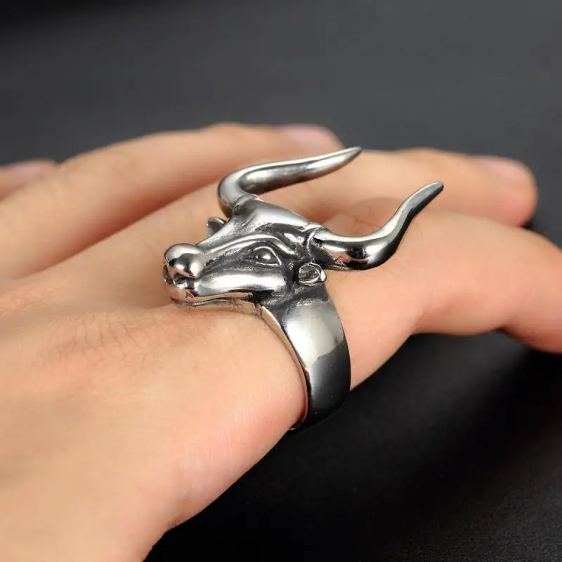 Personality Trendy Gothic Animal Bull Skull Punk Rings for Men Exaggerated Jewelry