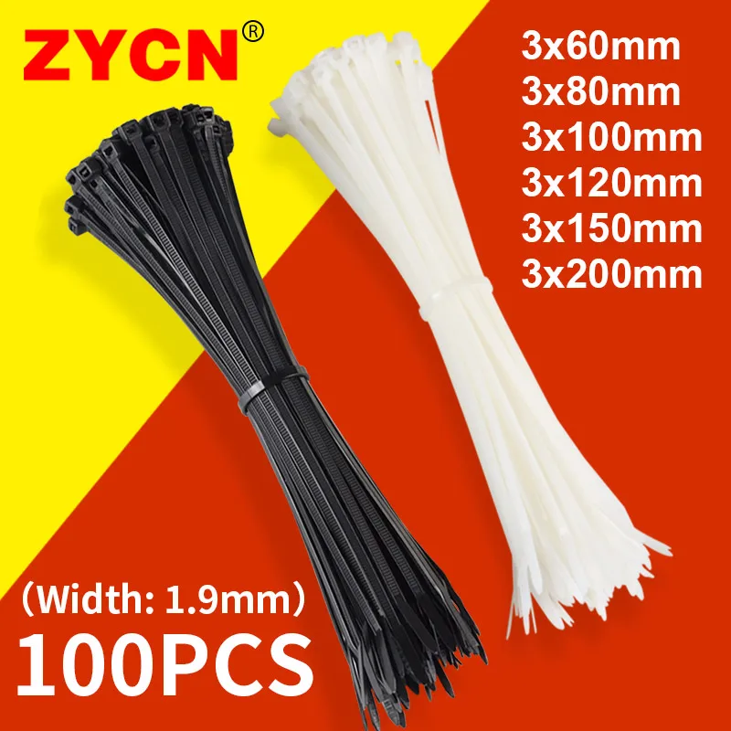 Abraçadeiras de Nylon Auto-Travantes de Plástico Pretas 5x400 3x200MM, Cinta Organizadora de Fios, Cinta de Tensão, 100 Peças