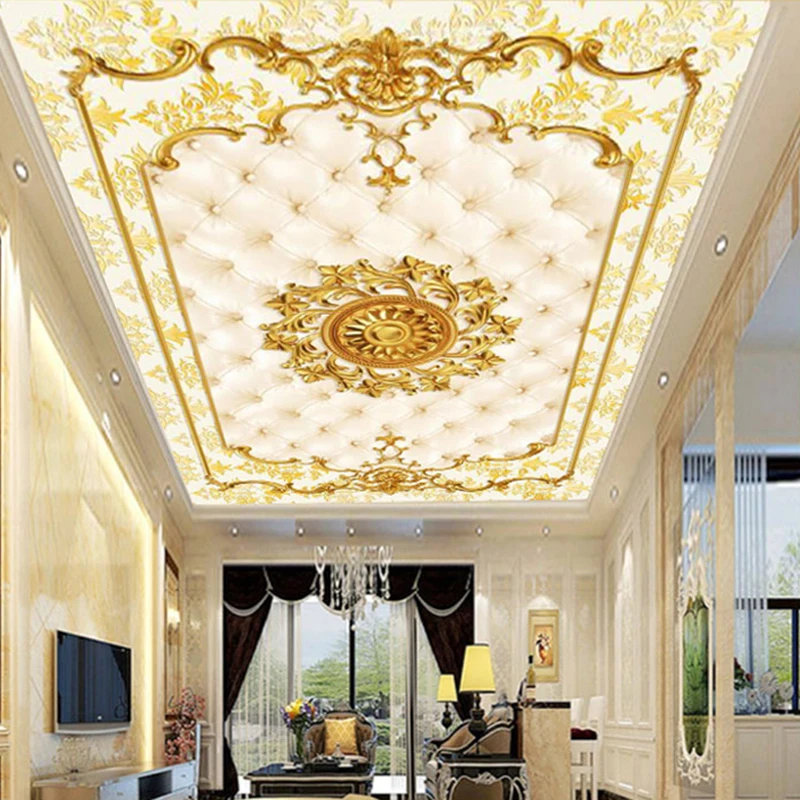 

Custom 3D Photo Wallpaper European Style Golden Flower Ceiling Mural Papel De Parede Luxury Living Room Bedroom Decor Poster