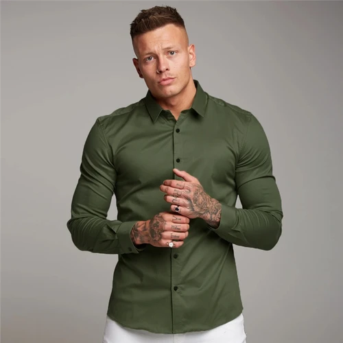 Imagen 2 del producto Camisa de manga larga para hombre, Camisa lisa de Fitness con cuello vuelto, ajuste súper Delgado, vestido de negocios, Tops de gimnasio con botones, novedad de primavera y otoño