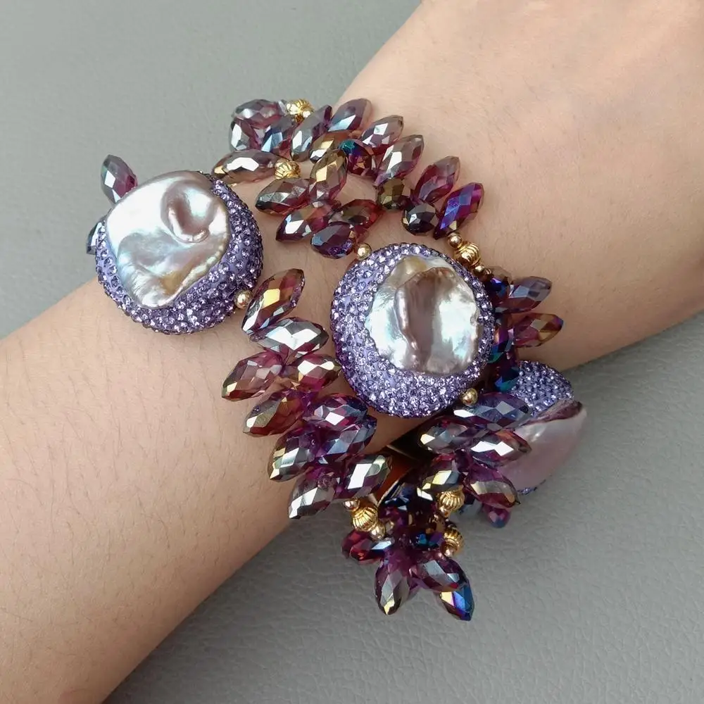 8' 3 Strands Purple Keshi Freshwater Pearl Faceted Teardrop Top-Drilled Crystal Bracelet