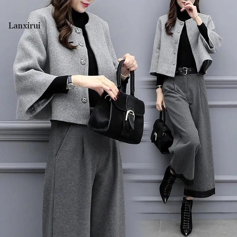 

New women's autumn and winter large size two-piece Hidden Breasted Blended wool short coat wide-leg pants casual fashion suit