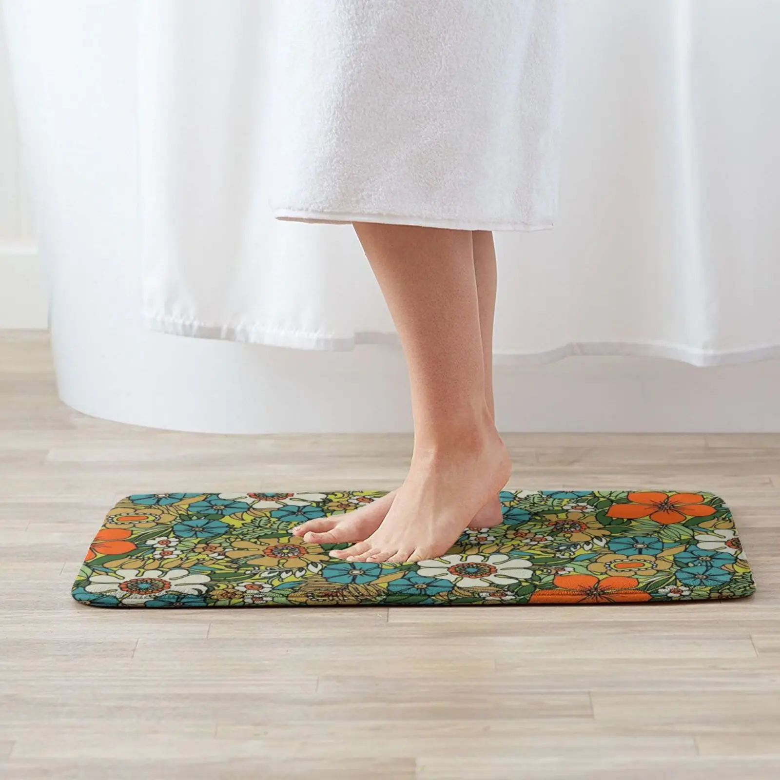 70s Plate Entrance Door Mat Bath Mat Rug Retro Vintage Bouquet Flowers Floral Orange Turquoise Green Seventies Hippie Grass