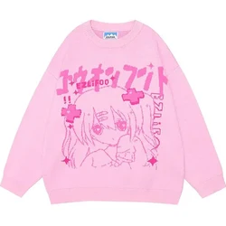 Suéter de Anime de gran tamaño para mujer, suéter Kawaii japonés, suéter de punto de dibujos animados rosa, sudaderas Vintage Harajuku, otoño