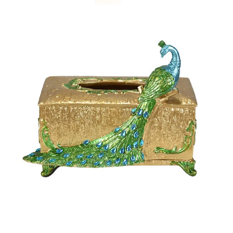 

European Style Living Room Restaurant Peahen Tissue Box Creative Ornaments Decorated Square Resin Retro Tissue Box