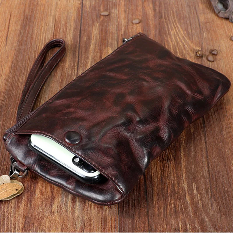 AETOO Handmade first layer cowhide long wallet, retro wrinkled leather wallet, trendy buckle wallet