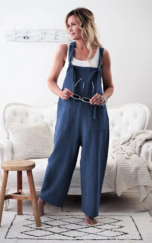 Rompertjes 2020 Nieuwe Merk Vrouwen Casual Losse Katoenen Linnen Solid Pockets Jumpsuit Overalls Wijde Pijpen Cropped Broek Hot