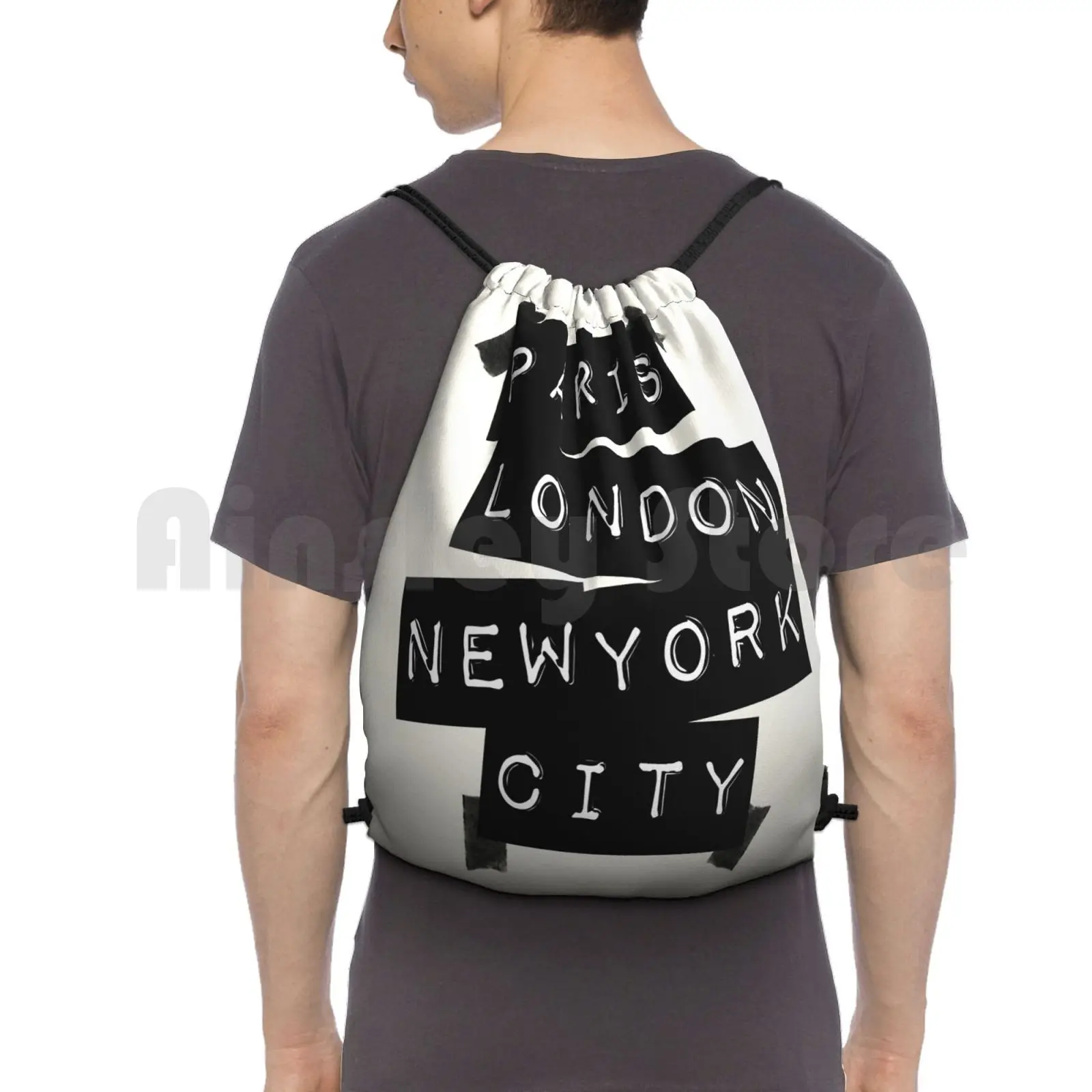 Paris. London. New York City. Backpack Drawstring Bags Gym Bag Waterproof Paris London New York City Travel Fun Cool