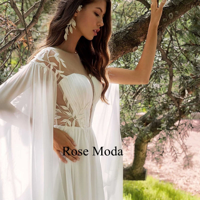 Rose Moda Griekse Lange Mouwen Backless Boho Trouwjurk Strand Bruidsjurk Custom Maken