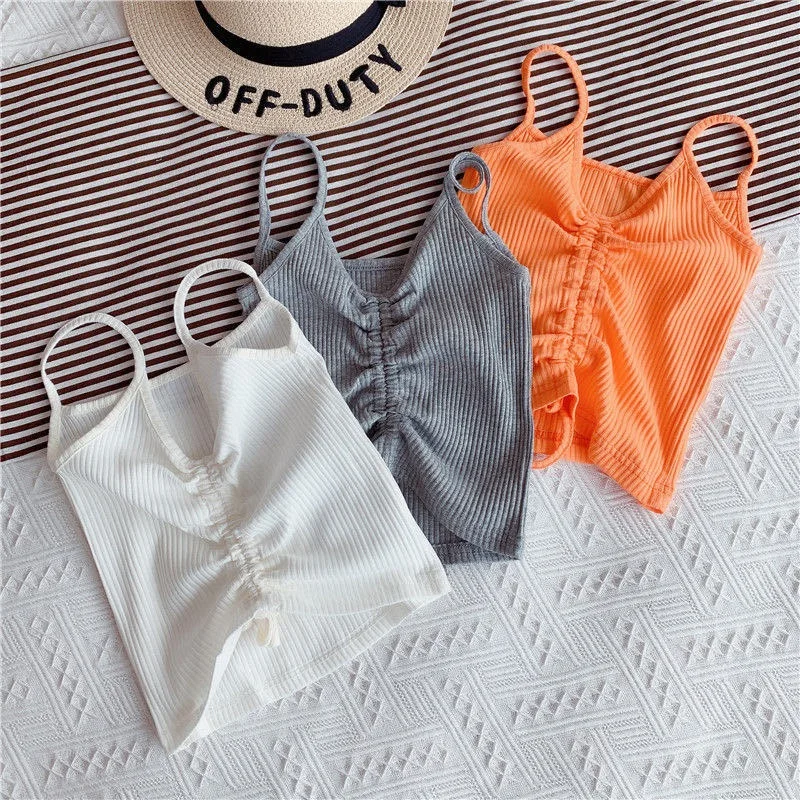 Fashion Baby Girl Cotton Ribbed Vest Infant Toddler Girl Strap Tshirt Sleeveless Tee Top Striped Drawstring Solid 1-7Y
