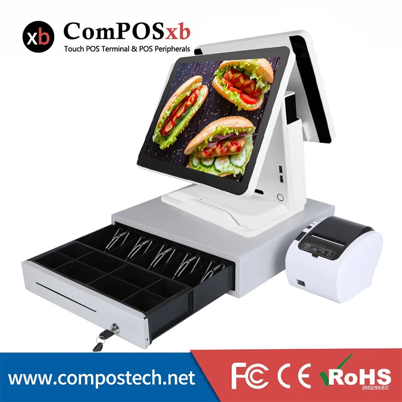 15 inch POS All-in-one capacitive Touch screen POS systems with 15 inch customer display printer