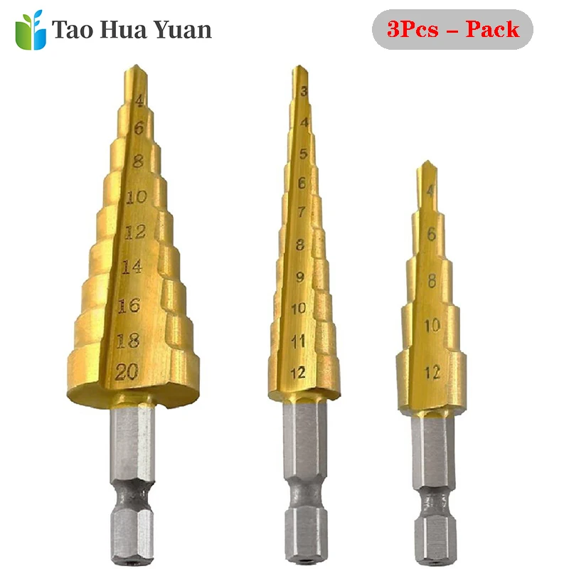 3pcs HSS Titanium Coated Step Drill Bit Drilling Power Tools Metal High Speed Steel Wood Hole Cutter Step Cone Drill Tool Set AA