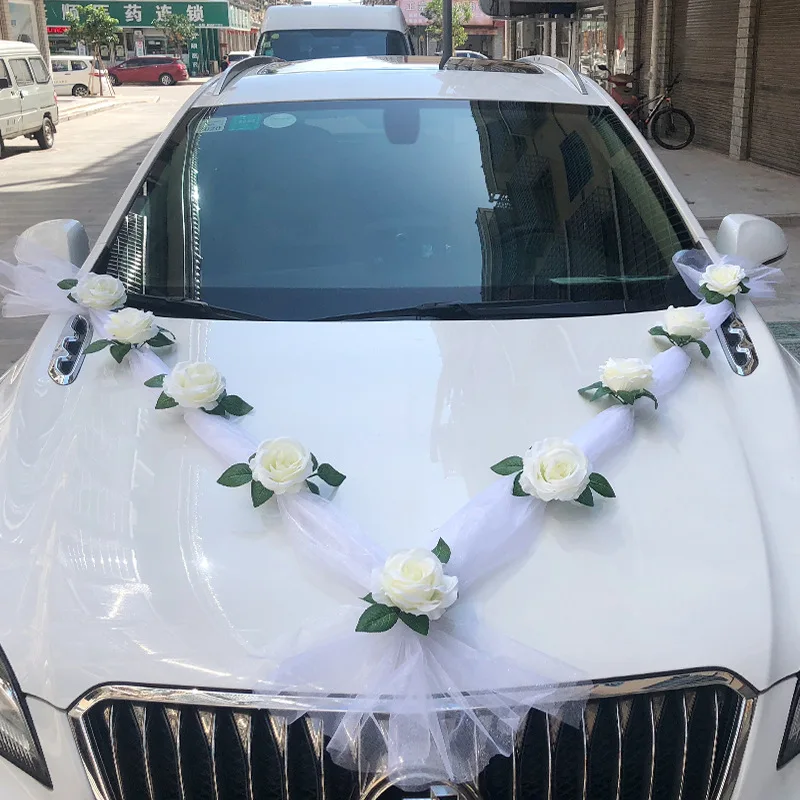 

White Rose Artificial Flower for Car Decoration, Bridal Car Decoration, Door Handle Ribbon, Silk Flower Party Decoration