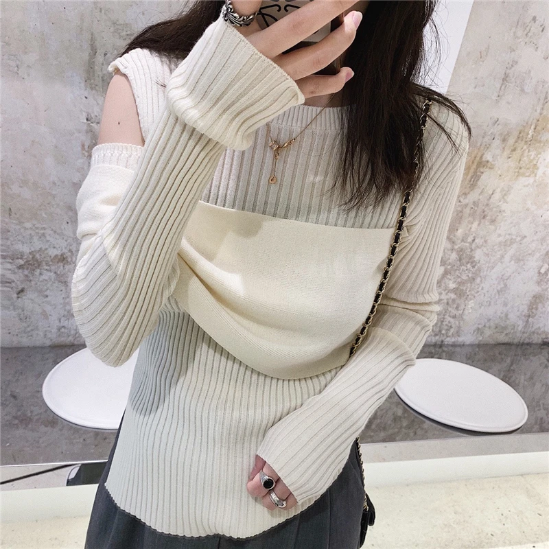 LMQ NEW Women Sexy Off Shoulder O-Neck Sweater Solid Color Pleated Tops 2020Fall Winter Highstreet Knitted Slim Pullovers Jumper