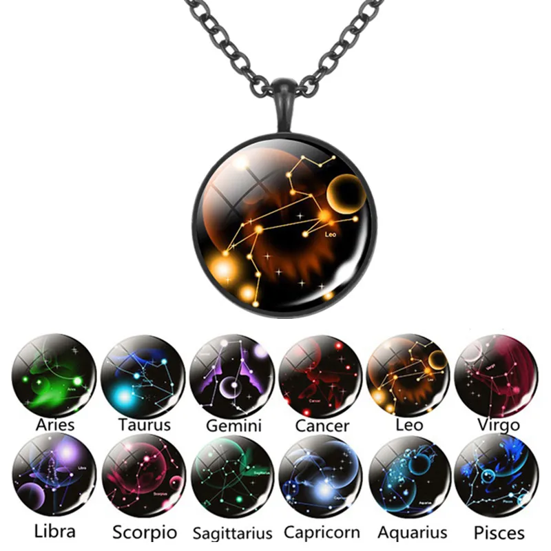 12 Constellations Necklace Zodiac Signs Jewelry Glass Cabochon Chain Necklace Women Men Birthday Gifts Wholesale Dropshipping