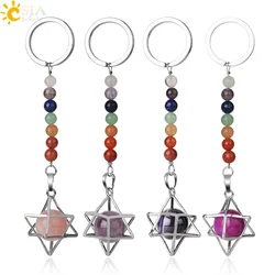 CSJA Natural Stones Fashion Keychain Chakra Key Chain Ring Merkaba Locket Pendant Keyring for Car Bags Accessories Jewelry G352