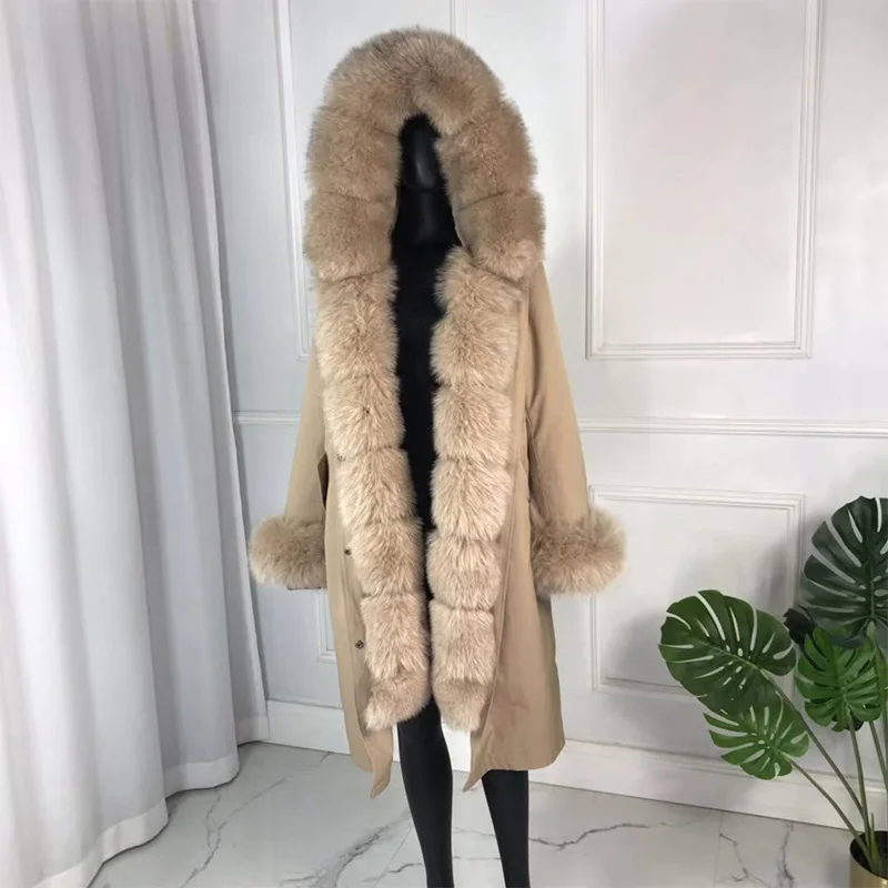 Winter Real Fur Parkas Women Jacket Fox Fur Collar Cuffs Rabbit Fur Lined Outwear Long Warm Fashion Fur Parkas