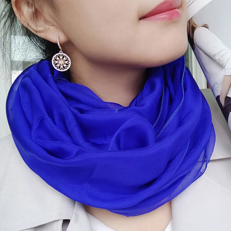 Korean Women Solid Color Thin Long Chiffon Neck Guard Silk Scarf Snood Summer Female Soft Gauze Beach Sunscreen Scarve P11