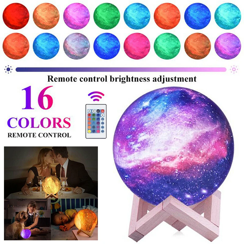 USB Star Night Light Kids Galaxy LED 3D Print 16 Color Moon Lamp W/ Stand Remote